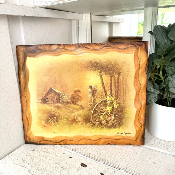 Vintage Other - Vintage Cottage Art Wood Slice Slab Cottagecore Prairie Painting Andres Orpinas